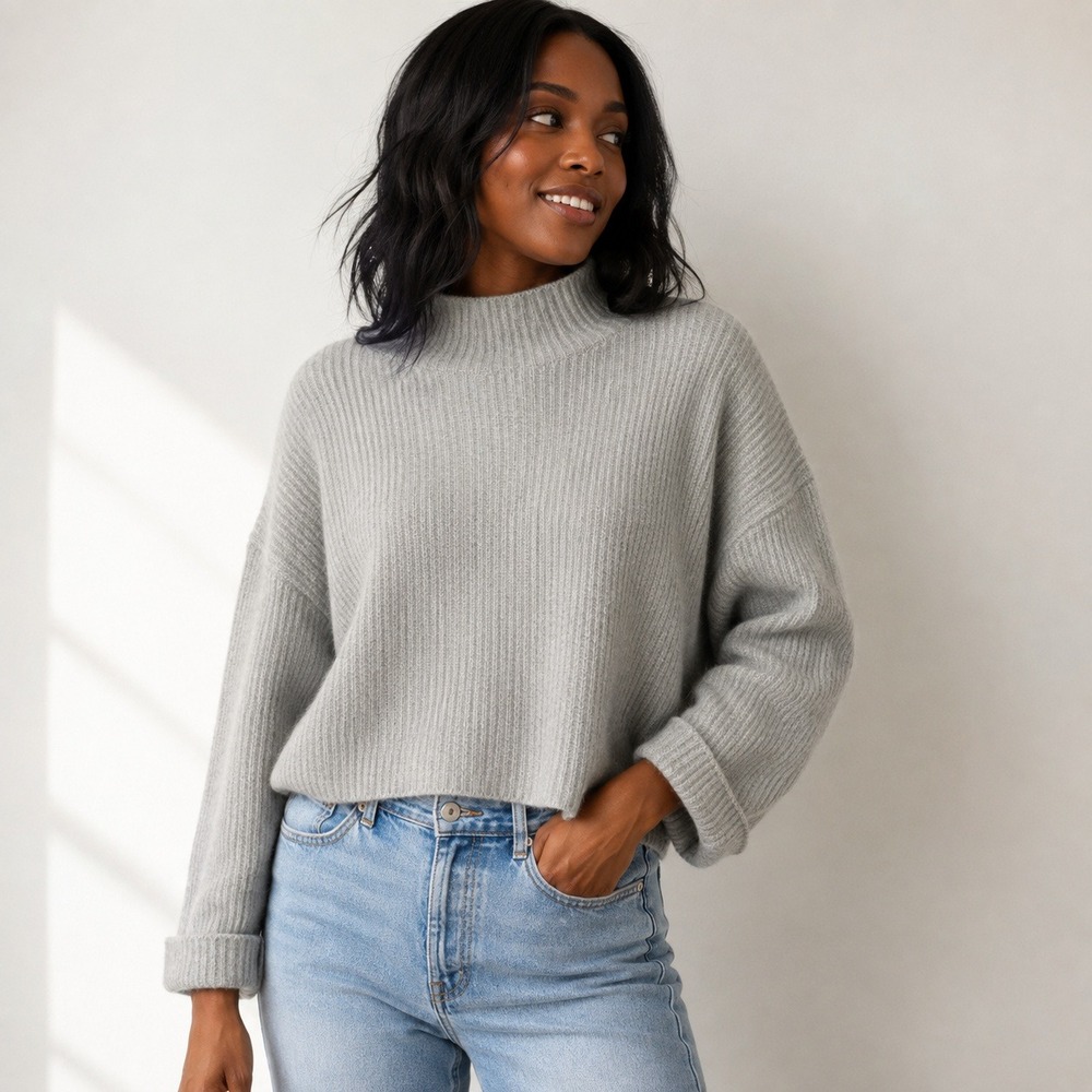 Line The Label Sweater 100% Cashmere Ribbed Mock Neck Womens S Light Blue Grey